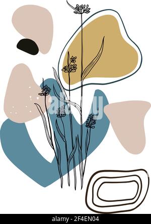 Poster in contemporary minimalistic boho style with geometric abstract shapes and plant outline silhouettes. Stock Vector