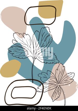 Poster in contemporary minimalistic boho style with geometric abstract shapes and plant outline silhouettes. Stock Vector