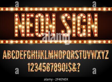 Rretro style neon lighting lamp letter, red-yellow colors font set. Stock Vector