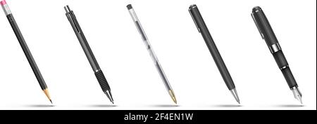 Pen and pencil vector set of black colored pens on white background Stock Vector