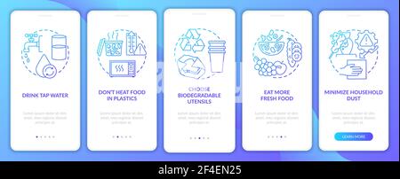 Avoiding microplastics tips onboarding mobile app page screen with concepts Stock Vector