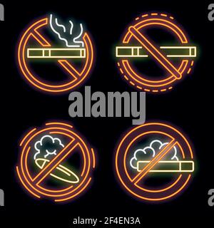 No smoking sign icon set. Outline set of no smoking sign vector icons neon color on black Stock Vector