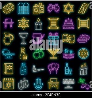 Hanukkah icon set. Outline set of hanukkah vector icons neon color on black Stock Vector
