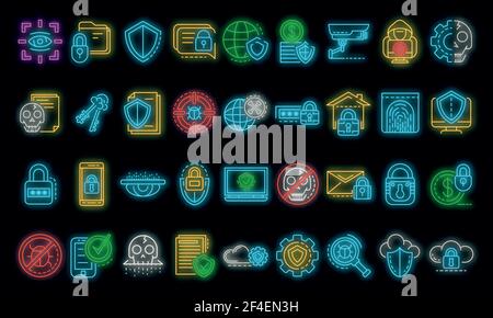 Computer security icon set. Outline set of computer security vector icons neon color on black Stock Vector