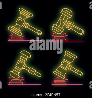 Judge hammer icon set. Outline set of judge hammer vector icons neon color on black Stock Vector