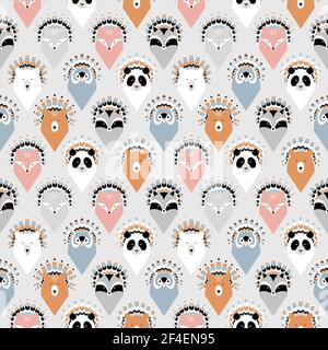 Animal native american chief with feathers, seamless pattern stock illustration. Canada, USA, Animal, Art, Backgrounds Stock Vector