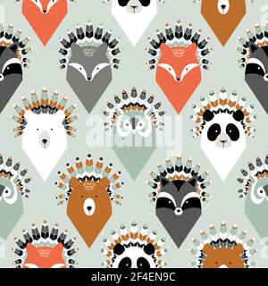 Animal native american chief with feathers, seamless pattern stock illustration. Canada, USA, Animal, Art, Backgrounds Stock Vector