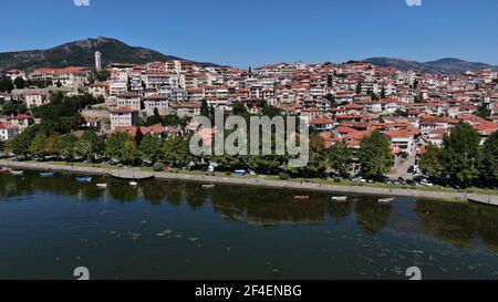 Kastoria city at lake Orestiada, aerial drone view, Macedonia, Greece Stock Photo