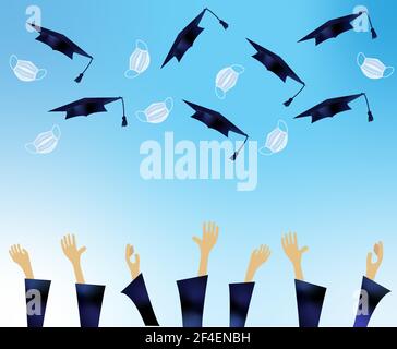 Illustration of hands of a group of students throwing their caps and masks into the air over a celestial sky. Graduation concept with social distancin Stock Vector