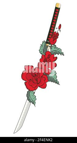 Japanese katana sword and red rose flowers with leaves illustration. Stock Vector