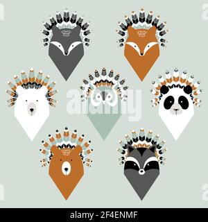 Set of animals in native American feather hats stock illustration. USA, Animal, Animal Body Part, Animal Head, Animal Wildlife Stock Vector