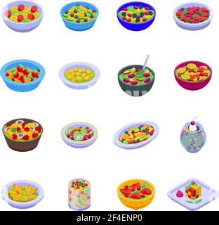 Fruit salad icons set. Isometric set of fruit salad vector icons for web design isolated on white background Stock Vector