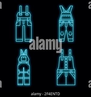 Overalls icon set. Outline set of overalls vector icons neon color on black Stock Vector