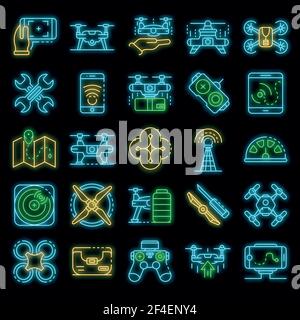 Drone icon set. Outline set of drone vector icons neon color on black Stock Vector