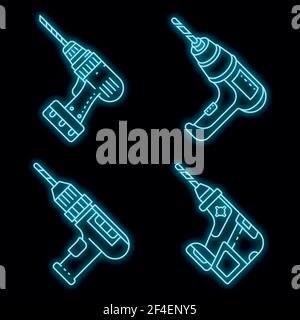 Drilling machine icons set. Outline set of drilling machine vector icons neon color on black Stock Vector