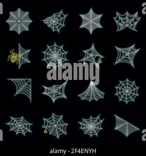 Spider icon set. Outline set of spider vector icons neon color on black Stock Vector