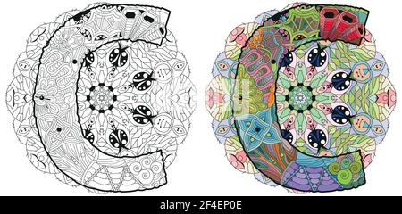 Hand-painted art design. Hand drawn illustration mandala with letter C for coloring book. Colored and outline set Stock Vector