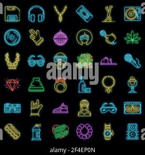 Hiphop icon set. Outline set of hiphop vector icons neon color on black Stock Vector