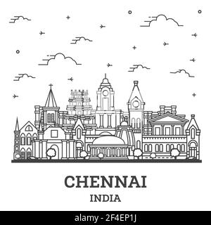 Outline Chennai India City Skyline with Historic Buildings Isolated on White. Vector Illustration. Chennai Cityscape with Landmarks. Stock Vector