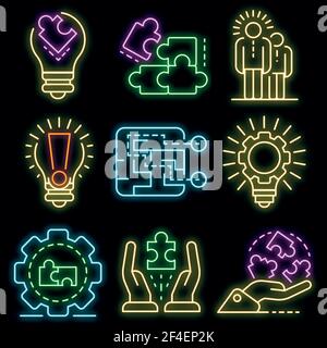 Solution icon set. Outline set of solution vector icons neon color on black Stock Vector