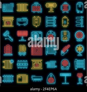 Electric heater icon set. Outline set of electric heater vector icons neon color on black Stock Vector