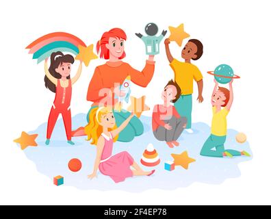 Teacher and preschool children read book together vector illustration. Cartoon young happy woman character sitting in armchair, reading storybook to Stock Vector