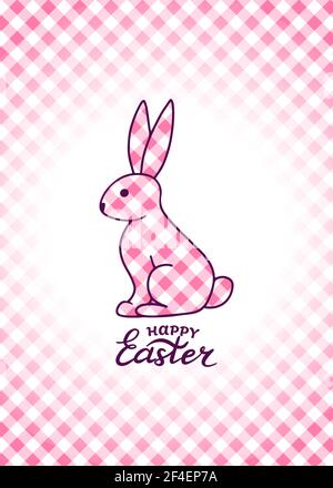 Cute rabbit on a checkered background. Suitable for Easter cards, invitations, posters, as well as for the covers of diaries and notebooks. Hand-drawn Stock Vector