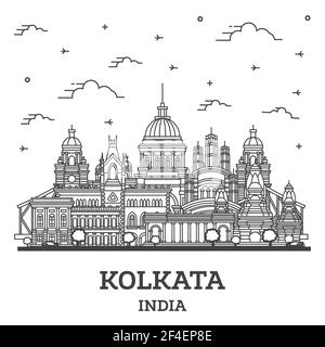 Outline Kolkata India City Skyline with Historic Buildings Isolated on White. Vector Illustration. Kolkata Cityscape with Landmarks. Stock Vector
