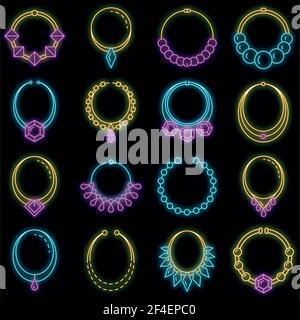Necklace jewelry icon set. Outline set of necklace jewelry vector icons neon color on black Stock Vector