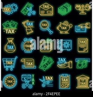 Taxes icon set. Outline set of taxes vector icons neon color on black Stock Vector