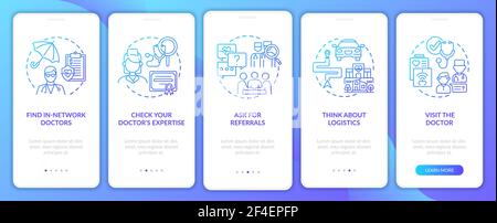 Choosing primary care doctor tips navy onboarding mobile app page screen with concepts Stock Vector