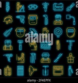 Welder icon set. Outline set of welder vector icons neon color on black Stock Vector