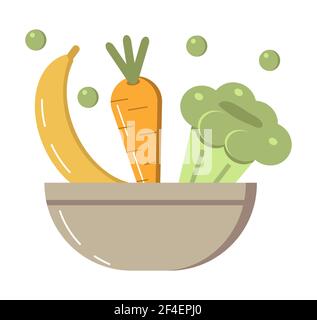Vegetarian salad bowl icon vector in flat style. Carrot, banana, cauliflower falling down in bowl. Stock Vector