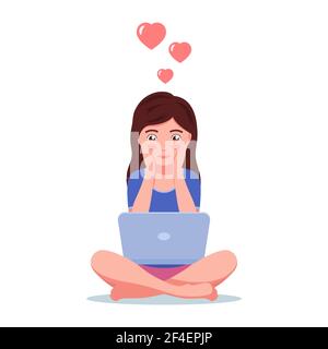 Girl in love sits on the floor with laptop. Vector illustration beautiful young girl chatting on her laptop with lover, isolated on a white background Stock Vector