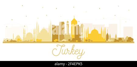 Turkey City Skyline Silhouette with Golden Buildings Isolated on White. Vector Illustration. Tourism Concept with Historic Architecture. Stock Vector