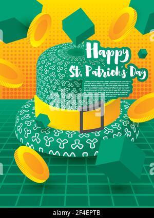Saint Patrick's Day Festive Banner with Green 3D Hat and Falling Golden Coins with Green Cubes. Vector Illustration. Treasure of Leprechaun. Hat with Stock Vector
