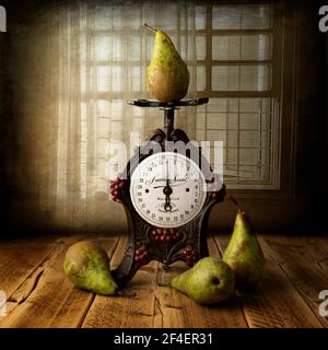 Fine Art image of several fresh conference pears arranged on an old weighing scales resting on an oak table with a window in the background Stock Photo