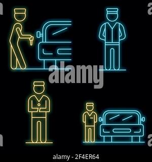 Valet icons set. Outline set of valet vector icons neon color on black Stock Vector