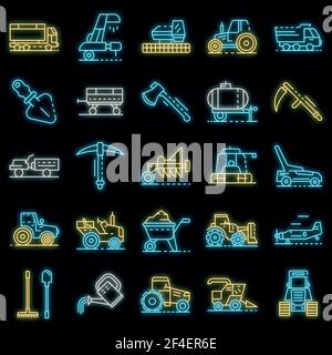 Farming equipment icon set. Outline set of farming equipment vector icons neon color on black Stock Vector