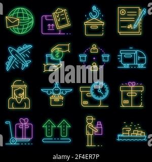 Parcel delivery icons set. Outline set of parcel delivery vector icons neon color on black Stock Vector