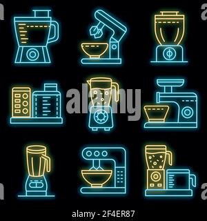 Food processor icons set. Outline set of food processor vector icons neon color on black Stock Vector