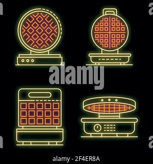 Waffle-iron icons set. Outline set of waffle-iron vector icons neon color on black Stock Vector