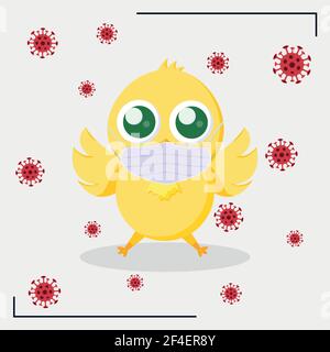 Yellow Easter chicken in a medical mask surrounded by the COVID-19 virus - Vector illustration Stock Vector