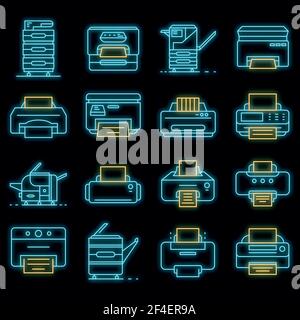 Printer icon set. Outline set of printer vector icons neon color on black Stock Vector