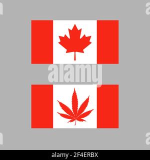 Variants of the Canadian flag with a red hemp or maple leaf. Legalization of marijuana. Vector flat illustration Stock Vector