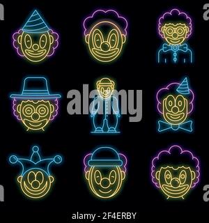 Clown icons set. Outline set of clown vector icons neon color on black Stock Vector