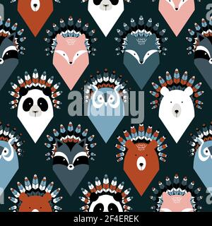 Animal native american chief with feathers, seamless pattern stock illustration. Canada, USA, Animal, Art, Backgrounds Stock Vector