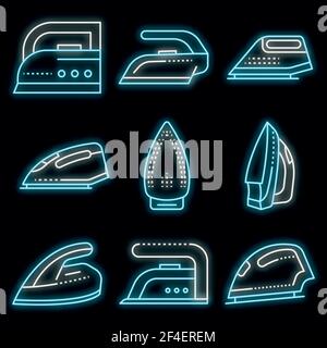 Smoothing-iron icons set. Outline set of smoothing-iron vector icons neon color on black Stock Vector