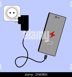 Low battery level of the smartphone and the charger connected to it. Stock Vector