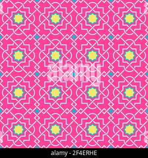 Modern Tangled Lattice Pattern inspired by traditional arabic geometry. Seamless vector background pattern. Bright bold neon 1980s colors - pink, yell Stock Vector